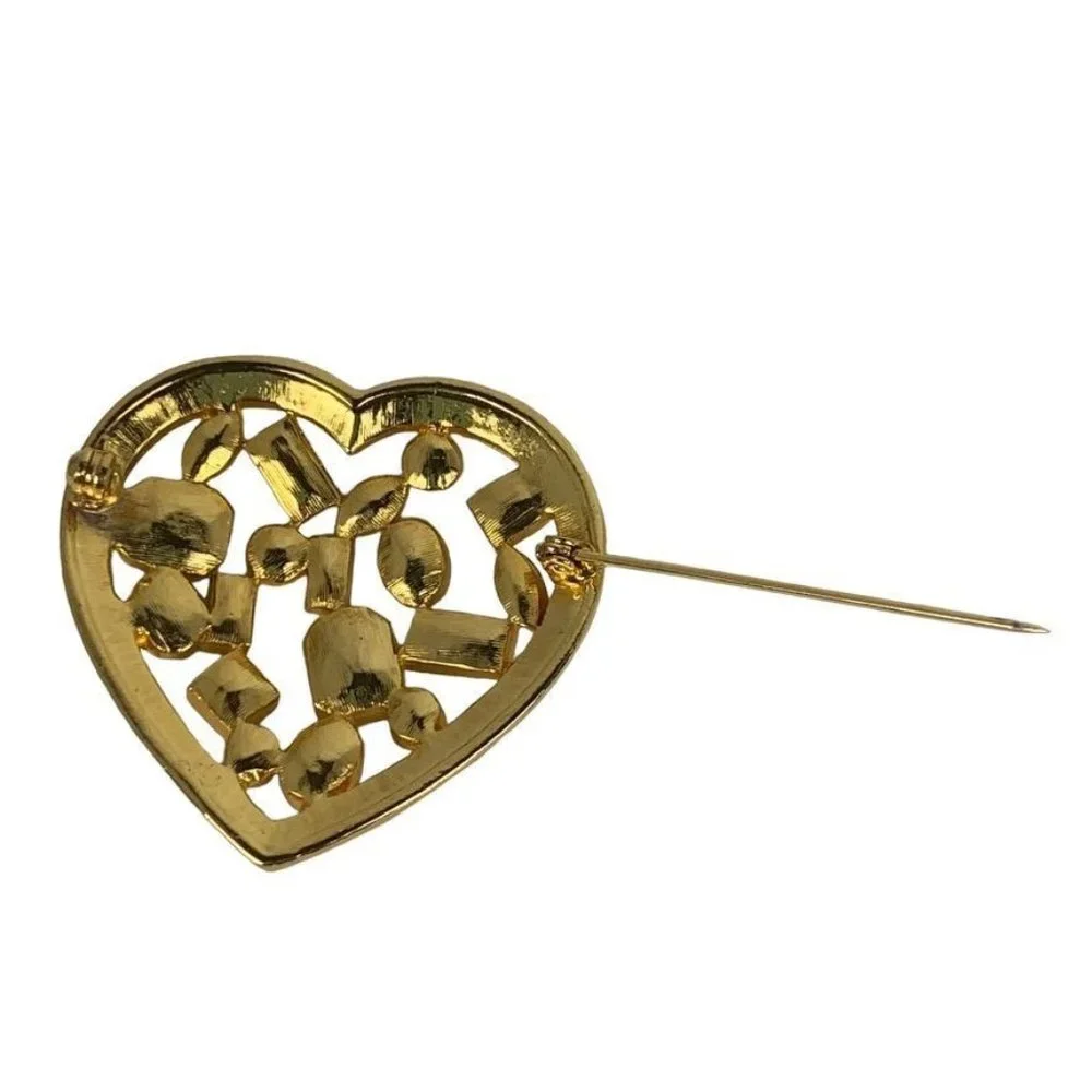 Colorful Enameled Geometric‎ Design Heart Shaped Brooch Pin Gold Tone Rainbow